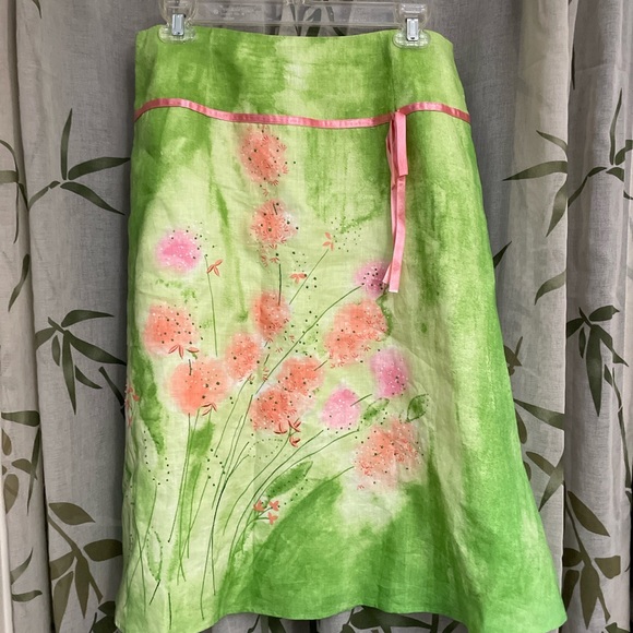 Robert Malcolm Dresses & Skirts - Vintage Robert Malcolm green and pink a line linen lined skirt in size 8 womens